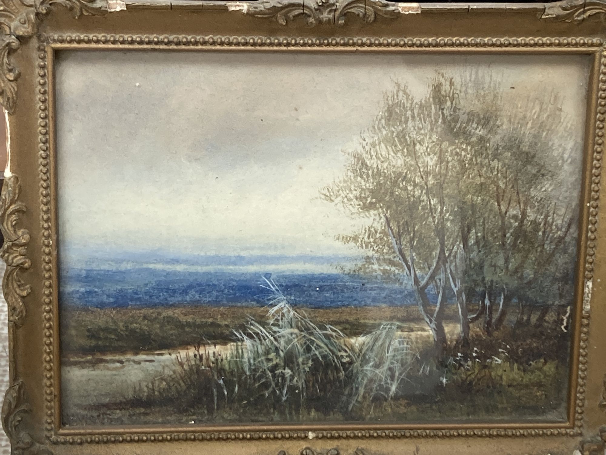 19th century German School, pair of oils on zinc, 17th interiors with figures playing games, 20 x 16cm and a small watercolour landscap
